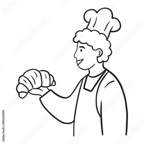 Chef baker holding fresh croissant outline vector illustration