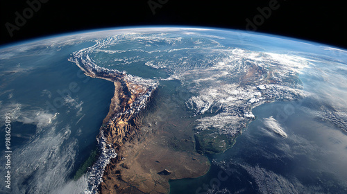 Aerial view of South America showing Andes mountains coast and clouds