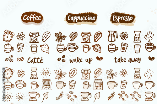 Hand drawn coffee illustrations with various beverages and related elements