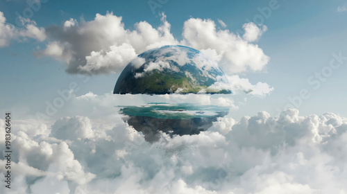 Surreal Earth Sphere Floating in Clouds Above Ocean