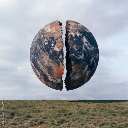 Split Earth Sphere Hovering Over Grassland