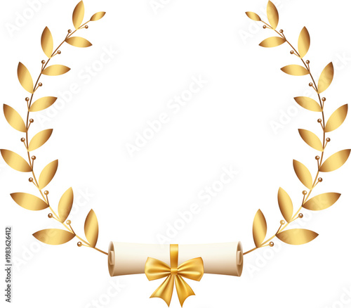Award gold laurel branch. Laurel Leadership wreath. Sports emblem of winner. Golden olive branch as symbol of victory. Graduation frame. Vector Illustration EPS 10.