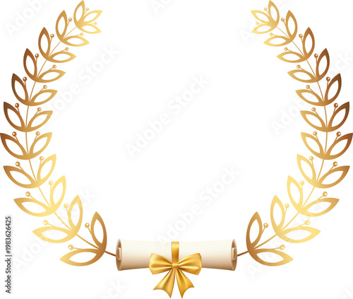 Award gold laurel branch. Laurel Leadership wreath. Sports emblem of winner. Golden olive branch as symbol of victory. Graduation frame. Vector Illustration EPS 10.