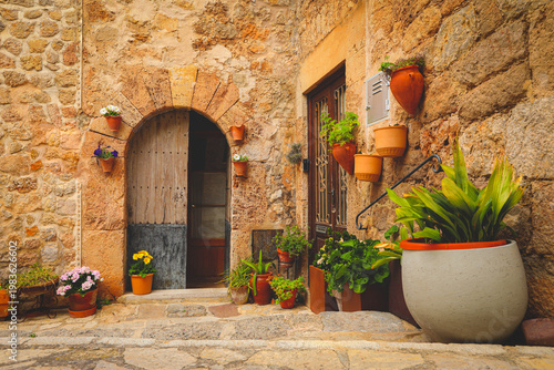 Valldemossa typical village with plants pots in facades at Mallorca island, Spain