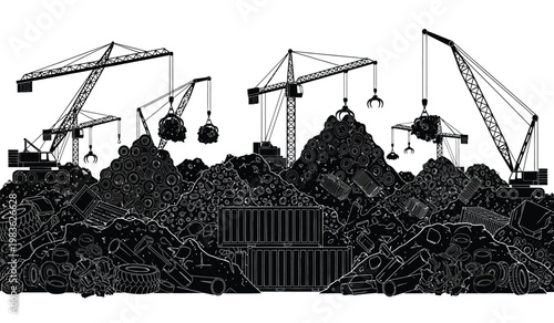 A stark black silhouette depicts a junkyard scene filled with scrap metal tires and construction cranes evoking industrial decay silhouette high quality professional detailed