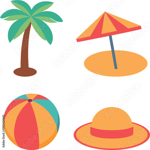 Tropical Summer Beach Objects Flat Vector Illustration