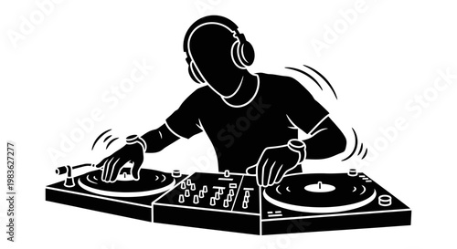 DJ mixing music on turntables with headphones.