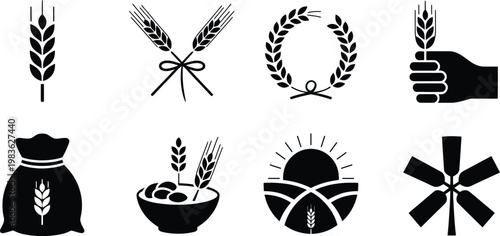 Wheat and agriculture silhouette icon set. Grain and farming - stock vector illustration isolate on white background