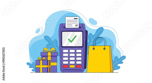 Payment terminal with shopping bags and gifts.