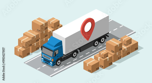 Truck transporting boxes on the road.