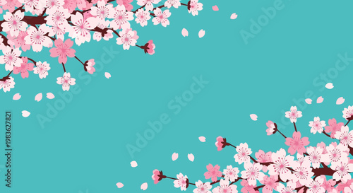 Pink cherry blossoms on blue background.
