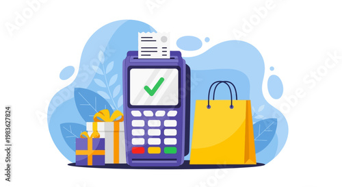 Payment terminal with shopping bag and gifts.