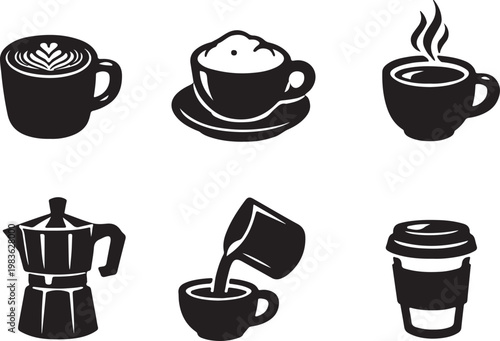 Set of six coffee icons: latte art, cappuccino, steaming espresso, moka pot, pouring coffee, and takeaway cup, flat design vector illustration