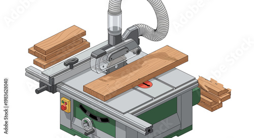 Woodworking table saw machine with wood.