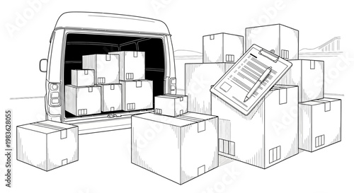 delivery van with boxes and clipboard.