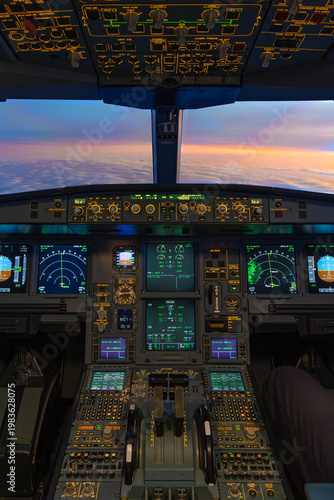 Εκτύπωση καμβά Airplane cockpit view above clouds at sunset with instruments