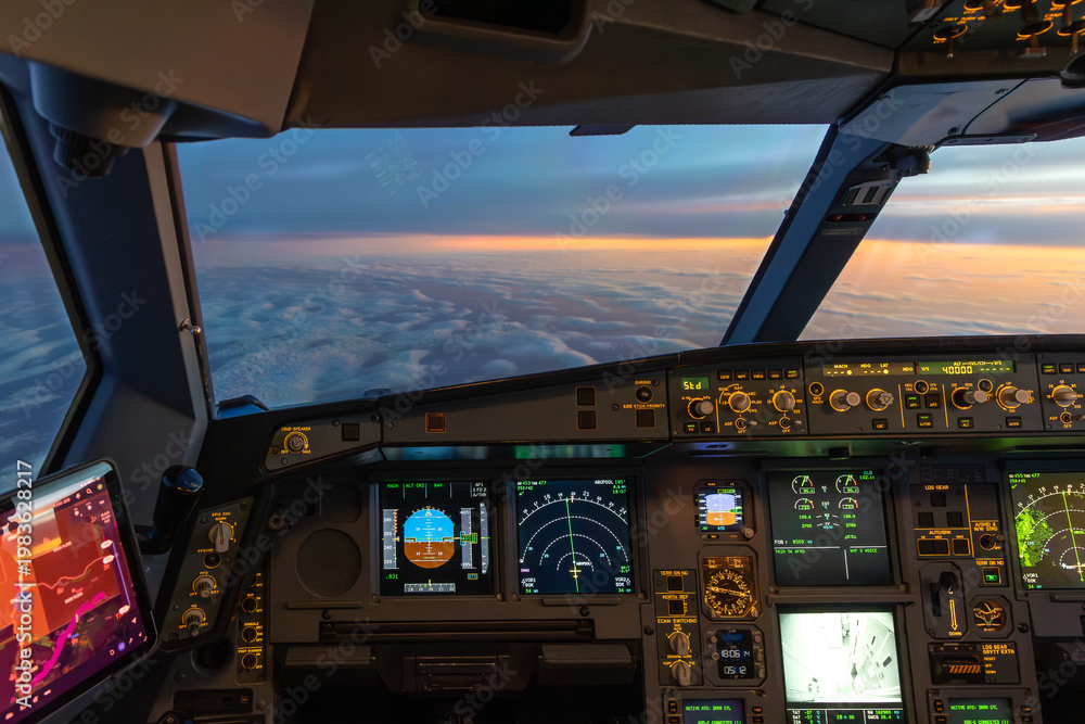 Fototapeta premium Airplane cockpit view above clouds at sunset with instruments
