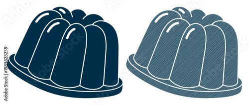 Two stylized desserts, one solid blue and one hatched blue, shaped like fluted gelatin molds.