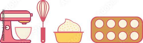 Baking Equipment Set Stand Mixer Whisk Bowl and Muffin Tray Flat Vector Illustration