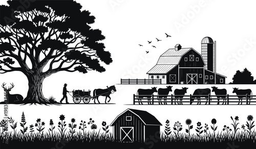 A striking black and white illustration depicts a rural landscape featuring a barn grazing cows and a horse drawn cart presented as a silhouette