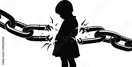 A silhouette figure breaking free from a heavy chain symbolizing liberation and strength