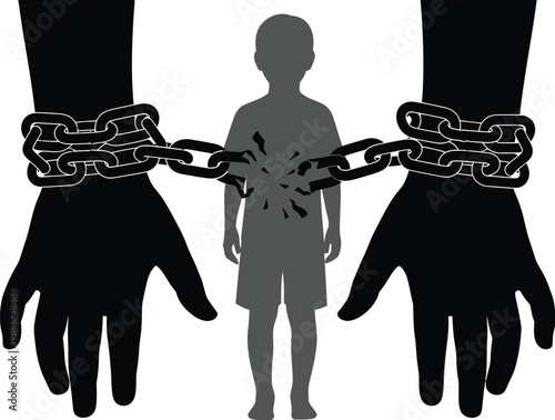 Child restrained by chains attached to two large hands symbolizing oppression or control
