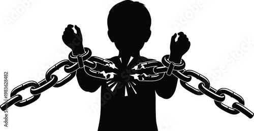 Silhouette of a person bound by heavy chains across their arms symbolizing restriction
