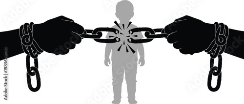 Two hands gripping a person with chains symbolizing control or captivity
