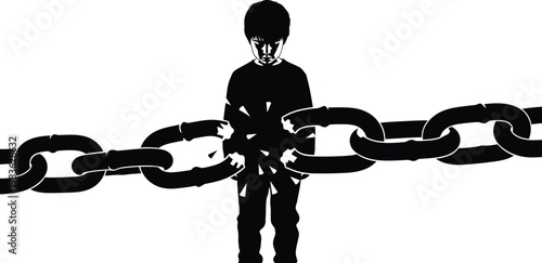 A silhouette of a child trapped within a large chain barrier