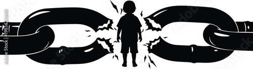 A silhouette of a child breaking a chain barrier symbolizing freedom or escape.