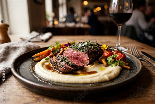 Onglet mit Kräuterkruste auf Selleriepüree mit Pfifferlingen und geschmorten Tomaten im Restaurantambiente