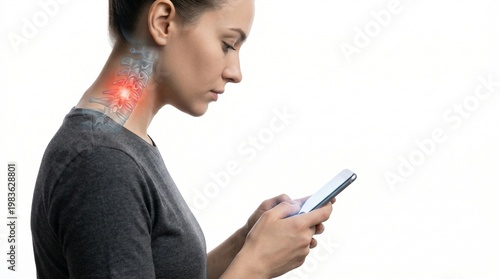 Woman using smartphone with bad posture showing neck spine inflammation. Concept of text neck syndrome, cervical pain, and spinal strain from mobile devices. Medical 3D illustration on white backgroun