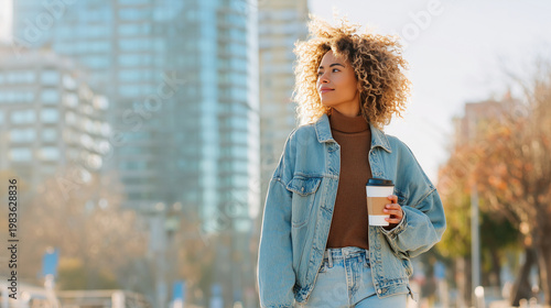 Woman enjoying walk with coffee cup in city, casual lifestyle, relaxed mood, copy space