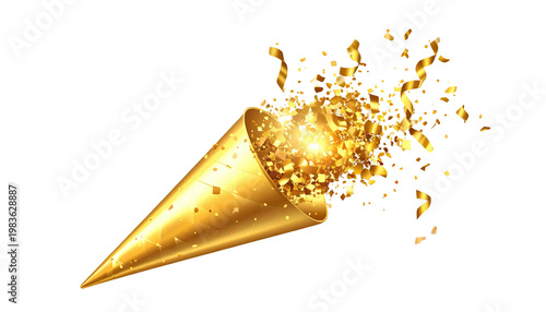 Gold party popper with confetti explosion against a black background