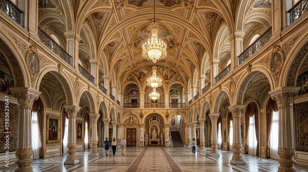 Fototapeta premium A wide symmetrical view of a palace interior hall reveals grand architectural proportions, decorative patterns, and elegant