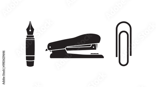 Vector Illustration Of Fountain Pen, Stapler, And Paperclip For Office And Writing Concept Isolated On Transparent Background