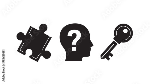 Vector Illustration Of Puzzle Piece, Question Mark Head, And Key For Problem Solving And Business Concept Isolated On Transparent Background
