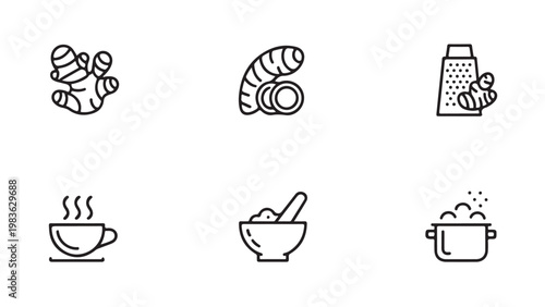 Collection of simple black and white line icons representing ginger root and its various culinary uses.