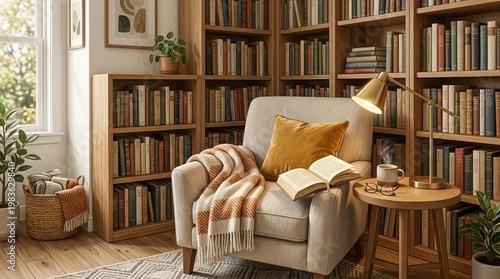 A modern cozy reading corner with books neatly arranged on a table or shelf creates a warm home environment, where literature,