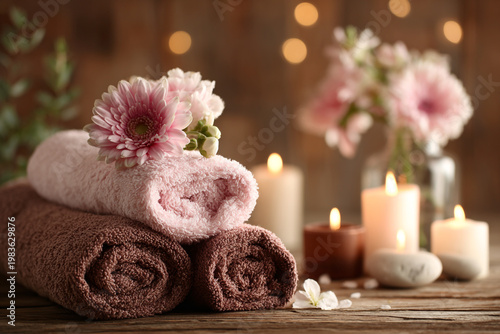 Soft rolled towels adorned with delicate pink flowers surrounded by glowing candles and bokeh lights creating a serene spa ambiance