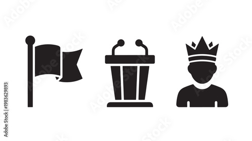 Black Vector Illustration Of Flag, Podium And Crowned Person For Leadership And Authority Concept Isolated On Transparent Background