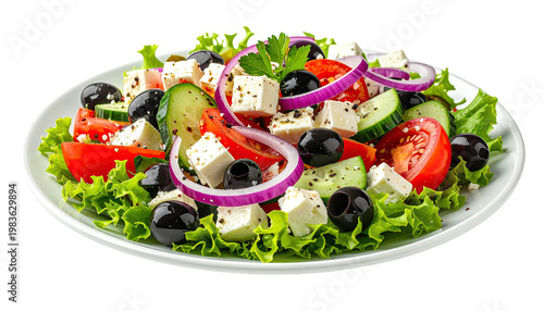 Vibrant Greek salad with feta, tomatoes, olives, onion, and fresh lettuce