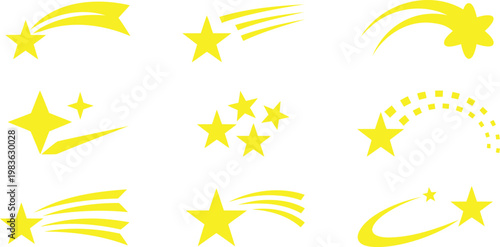 Yellow shooting star icon set. Comet and meteor silhouettes - stock vector