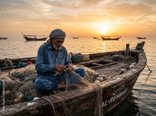 Weathered Pakistani fisherman mending net on wooden boat at sunrise on Arabian sea, authentic candid documentary portrait