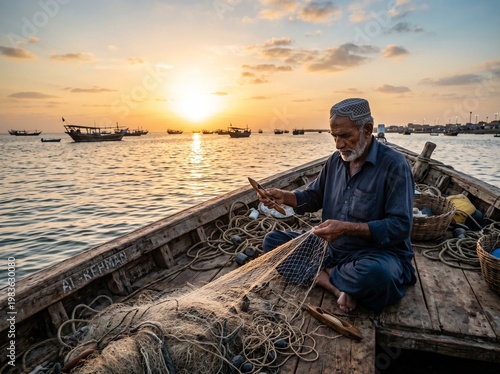 Weathered Pakistani fisherman mending net on wooden boat at sunrise on Arabian sea, authentic candid documentary portrait