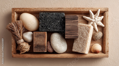Natural spa bath items including soaps stones and shell decorations arranged in a wooden tray