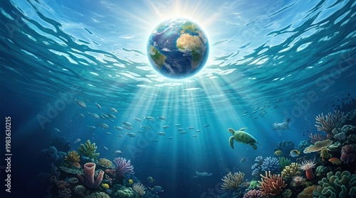 Viewed from below, sunlight filters through ocean water toward the surface where the planet appears, symbolizing life, protection,