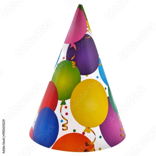 Photo of a classic colorful cone-shaped party hat decorated with balloons and confetti, isolated on a clean white background.