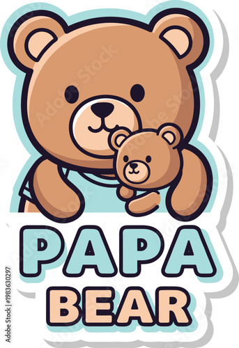 Cute papa bear holding baby bear cub sticker illustration.