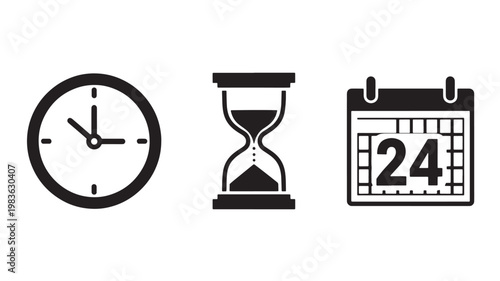 Vector Illustration Of Clock, Hourglass, And Calendar Icons For Time Management And Organization Concept Isolated On Transparent Background